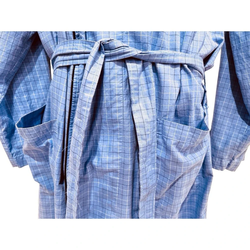 Vintage Polo Ralph Lauren Men Robe S M Blue Check‎ Piping Shawl Tie Cotton